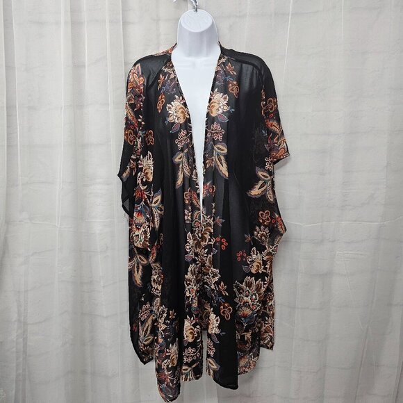 Maurices Black Tan Floral Boho Kimono Sheer Gypsy Hippie Festival 2X/3X - Picture 1 of 11